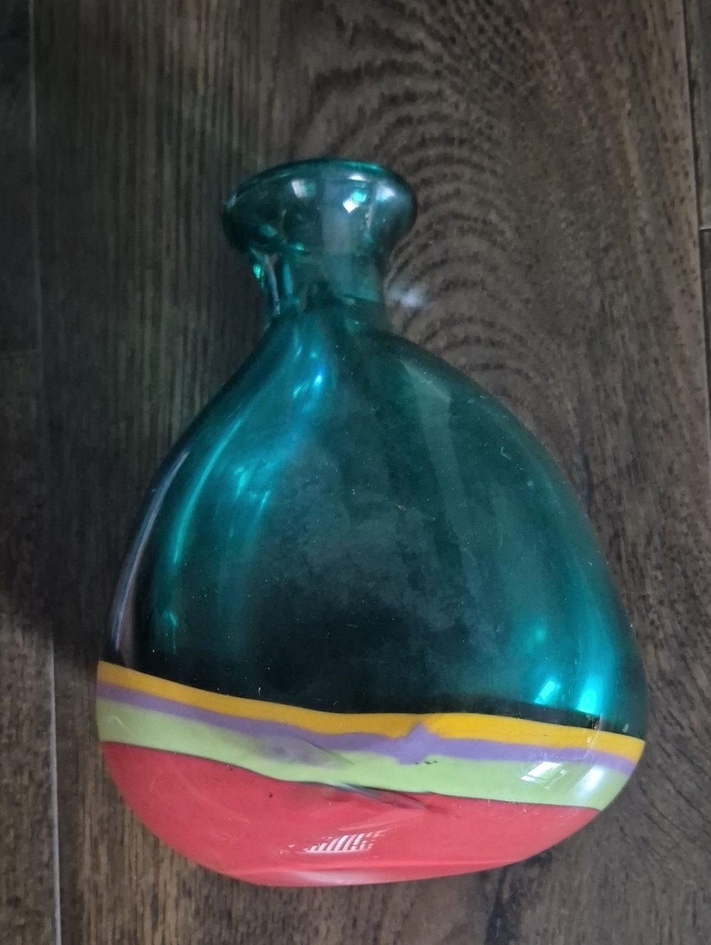 Hand Blown Colorful Vase,  Heavy Quality Piece.  Green, Red and Orange.